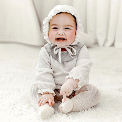 Two-Tone Vintage Ribbed Ruffle-Collar Bodysuit-Optional Matching Bonnet Set