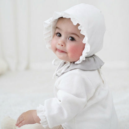 Two-Tone Vintage Ribbed Ruffle-Collar Bodysuit-Optional Matching Bonnet Set
