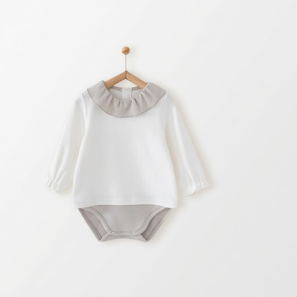 Two-Tone Vintage Ribbed Ruffle-Collar Bodysuit-Optional Matching Bonnet Set