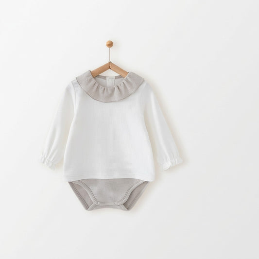 Two-Tone Vintage Ribbed Ruffle-Collar Bodysuit-Optional Matching Bonnet Set